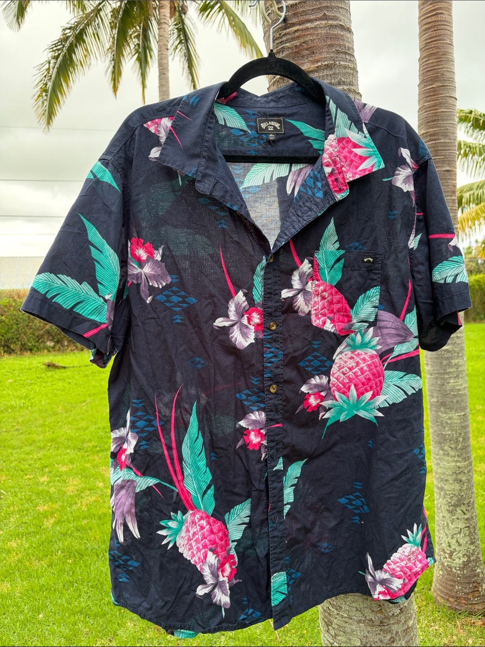 Billabong Navy Shirt with Pink Pineapple & Teal Leaf Print